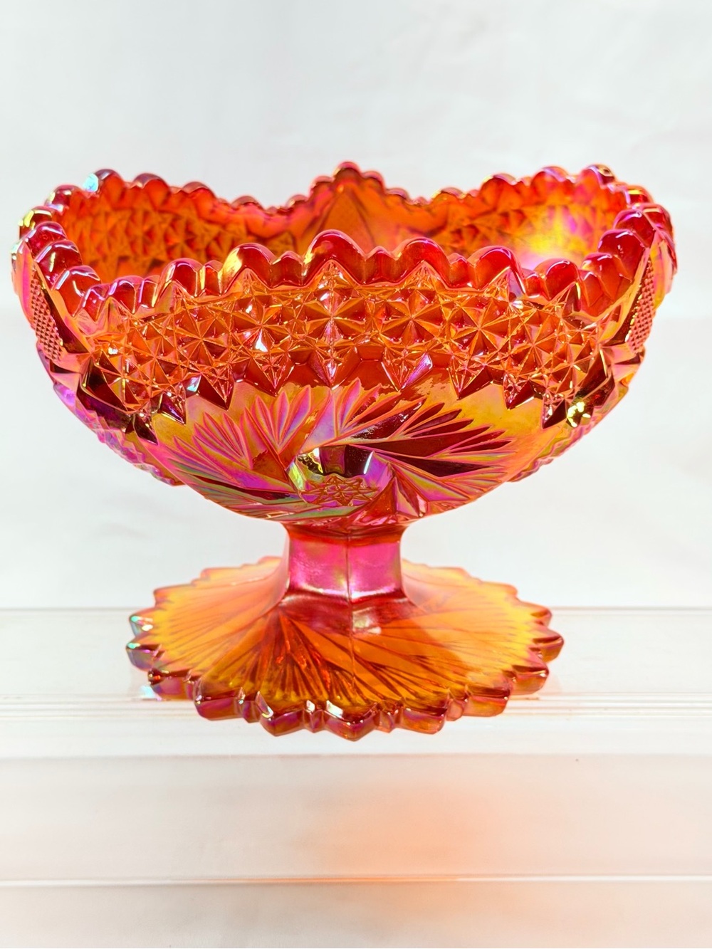 Fenton Iridescent Orange Carnival Glass Compote with Pink Highlights